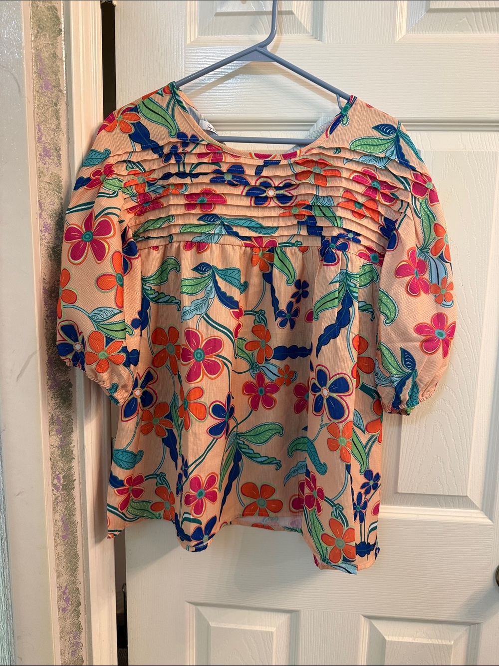 Peach Floral Puff-Sleeve Blouse with Smocked Yoke